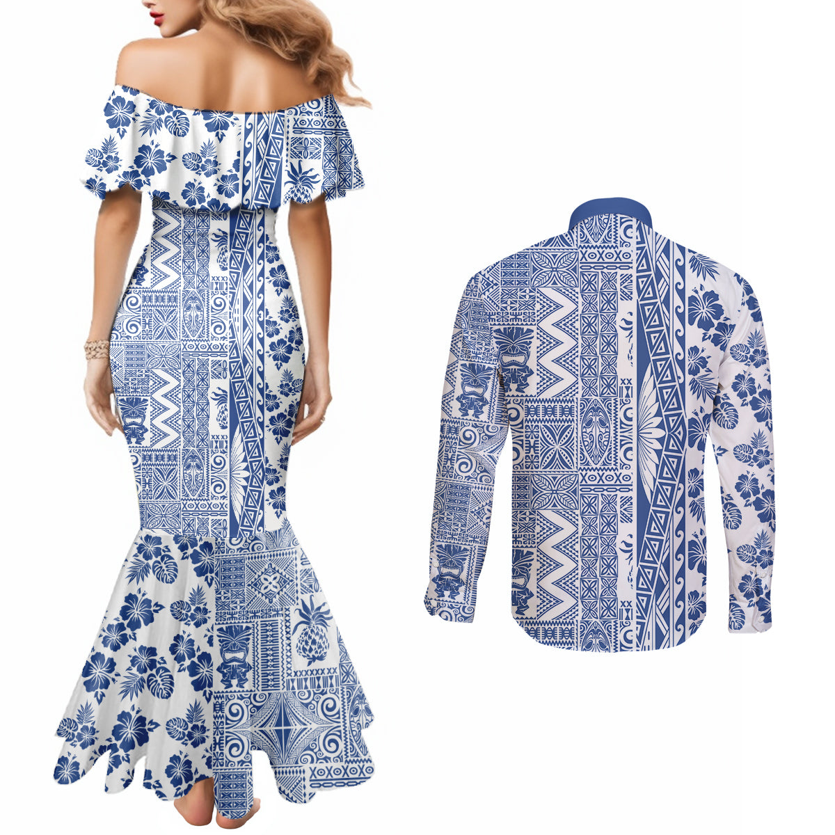 Hawaii Couples Matching Mermaid Dress and Long Sleeve Button Shirt Aloha Tropical Plants Tribal Pattern Blue Version LT03 - Polynesian Pride