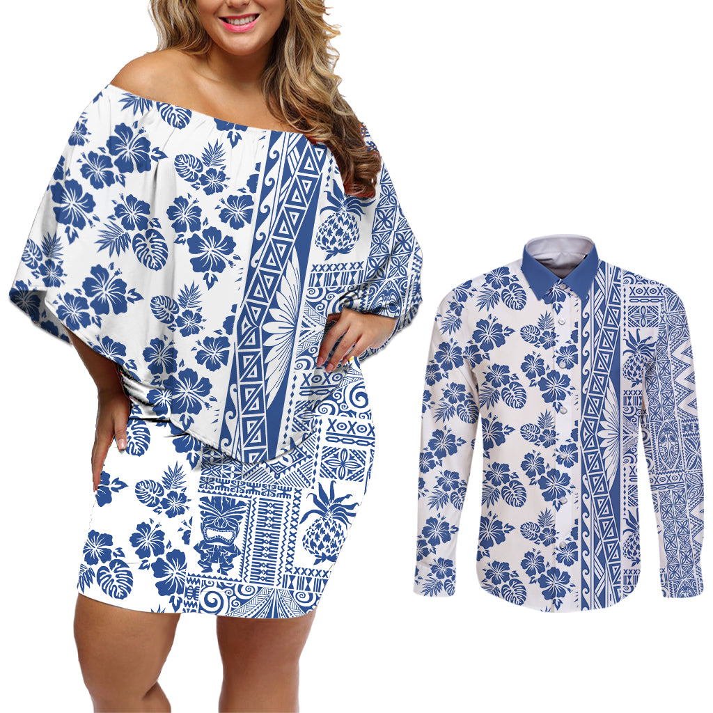 Hawaii Couples Matching Off Shoulder Short Dress and Long Sleeve Button Shirt Aloha Tropical Plants Tribal Pattern Blue Version LT03 Blue - Polynesian Pride
