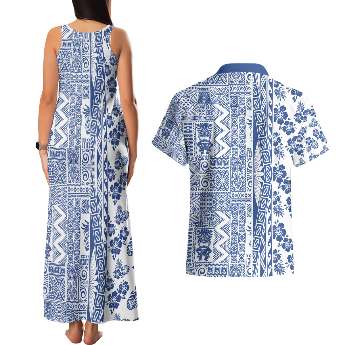 Hawaii Couples Matching Tank Maxi Dress and Hawaiian Shirt Aloha Tropical Plants Tribal Pattern Blue Version LT03 - Polynesian Pride