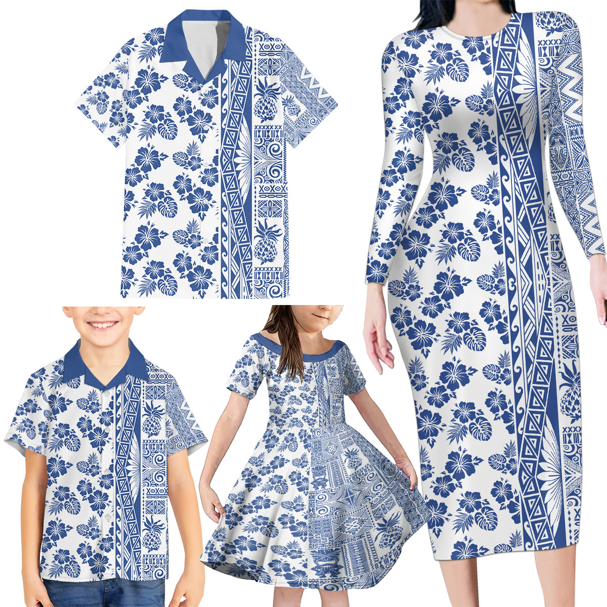 Hawaii Family Matching Long Sleeve Bodycon Dress and Hawaiian Shirt Aloha Tropical Plants Tribal Pattern Blue Version LT03 - Polynesian Pride