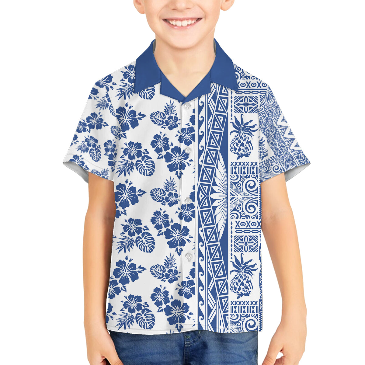 Hawaii Family Matching Long Sleeve Bodycon Dress and Hawaiian Shirt Aloha Tropical Plants Tribal Pattern Blue Version LT03 Son's Shirt Blue - Polynesian Pride