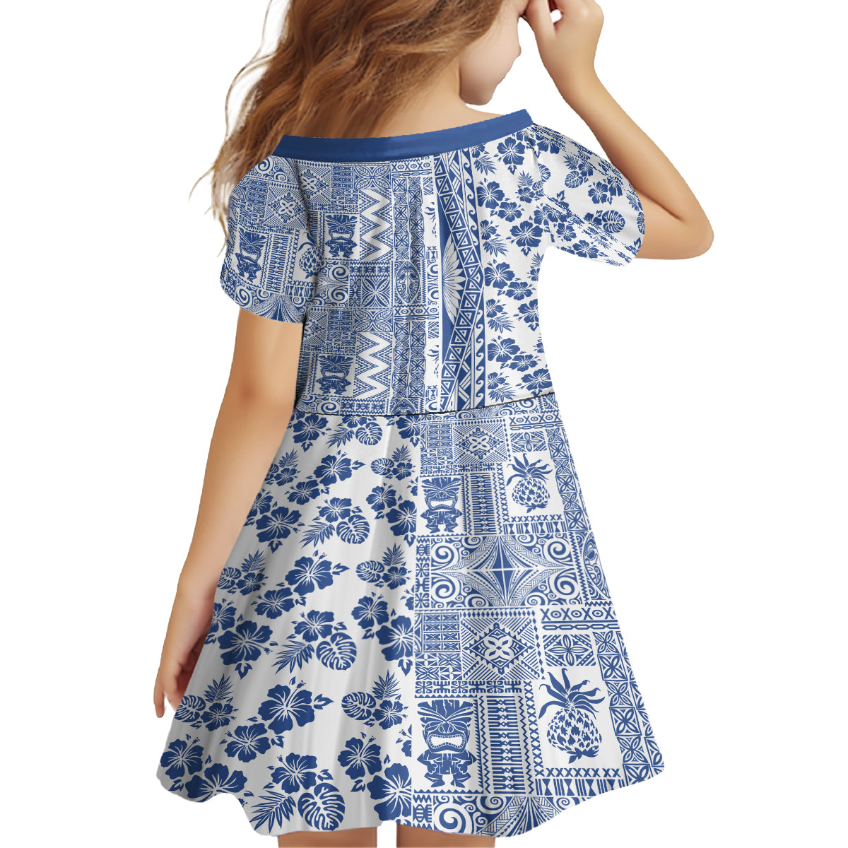 Hawaii Family Matching Off Shoulder Long Sleeve Dress and Hawaiian Shirt Aloha Tropical Plants Tribal Pattern Blue Version LT03 - Polynesian Pride