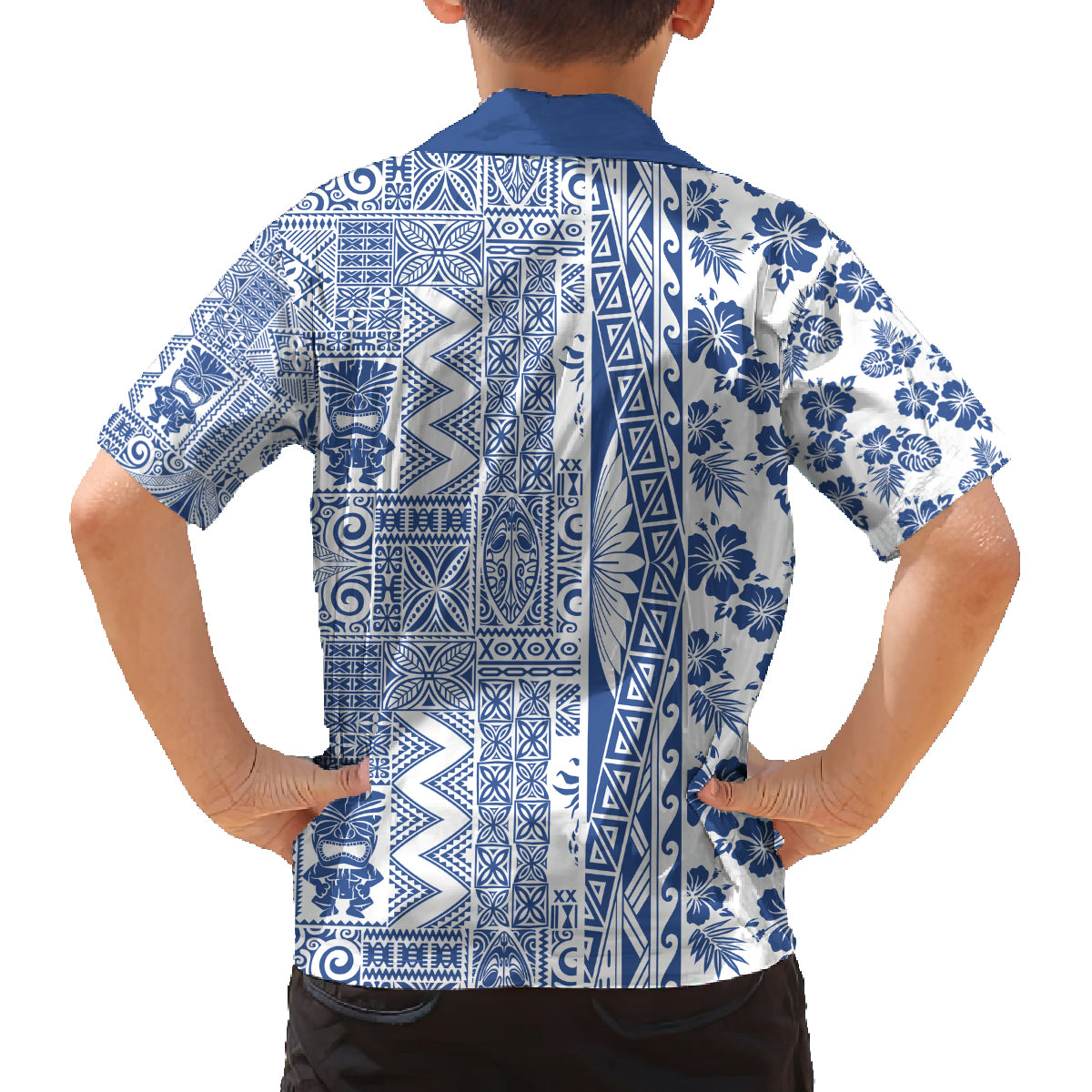 Hawaii Family Matching Off Shoulder Maxi Dress and Hawaiian Shirt Aloha Tropical Plants Tribal Pattern Blue Version LT03 - Polynesian Pride