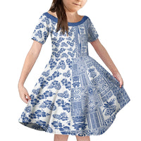 Hawaii Family Matching Off Shoulder Maxi Dress and Hawaiian Shirt Aloha Tropical Plants Tribal Pattern Blue Version LT03 Daughter's Dress Blue - Polynesian Pride