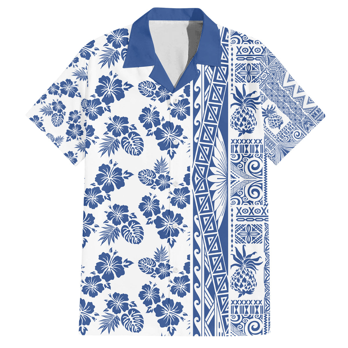 Hawaii Family Matching Off Shoulder Maxi Dress and Hawaiian Shirt Aloha Tropical Plants Tribal Pattern Blue Version LT03 Dad's Shirt - Short Sleeve Blue - Polynesian Pride