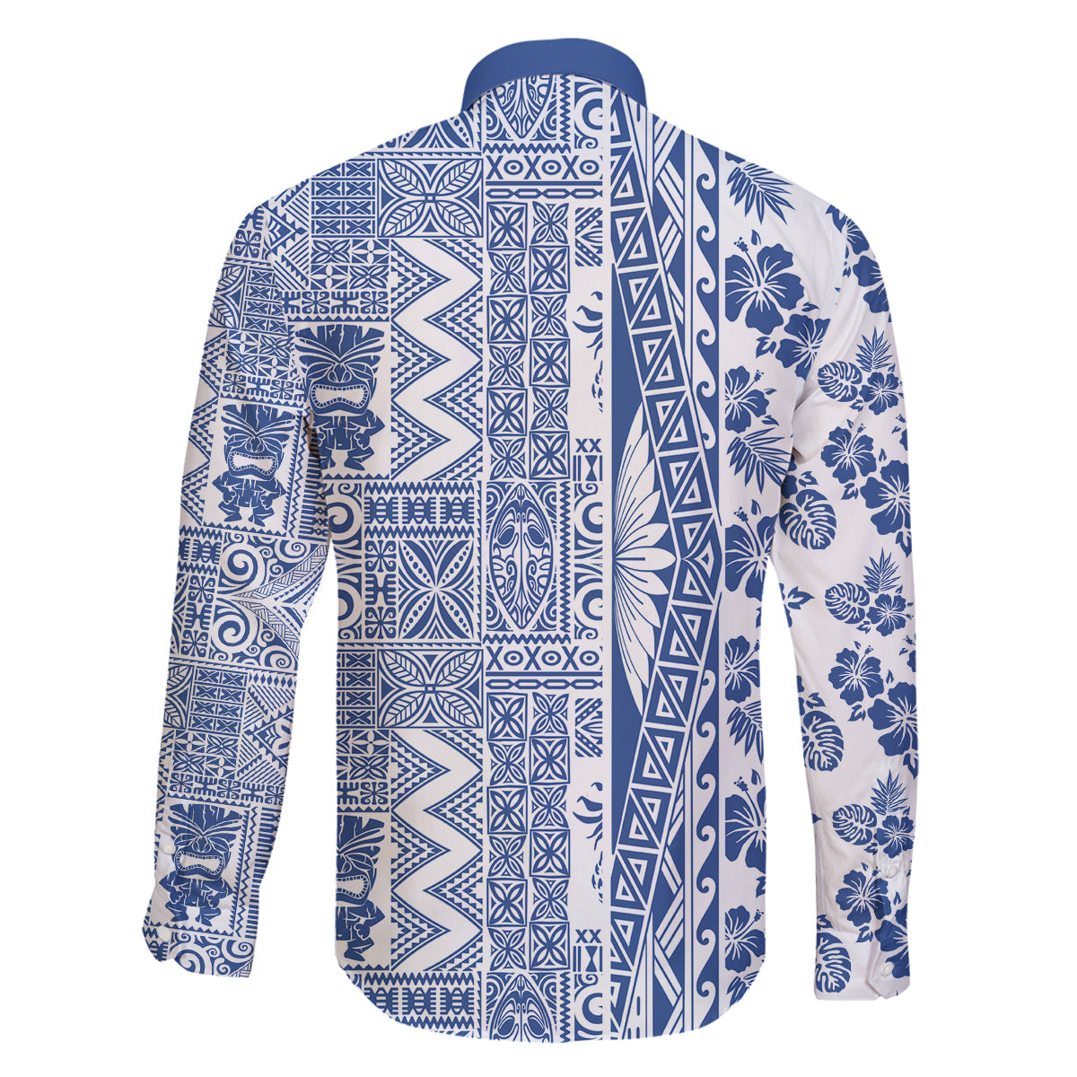 Hawaii Family Matching Off Shoulder Maxi Dress and Hawaiian Shirt Aloha Tropical Plants Tribal Pattern Blue Version LT03 - Polynesian Pride