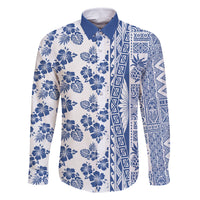Hawaii Family Matching Off Shoulder Short Dress and Hawaiian Shirt Aloha Tropical Plants Tribal Pattern Blue Version LT03 Dad's Shirt - Long Sleeve Blue - Polynesian Pride