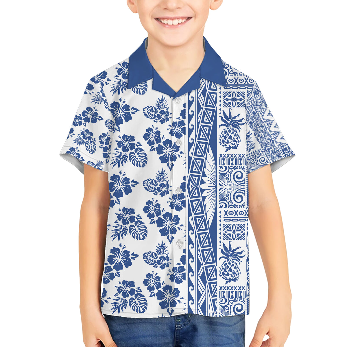Hawaii Family Matching Short Sleeve Bodycon Dress and Hawaiian Shirt Aloha Tropical Plants Tribal Pattern Blue Version LT03 Son's Shirt Blue - Polynesian Pride