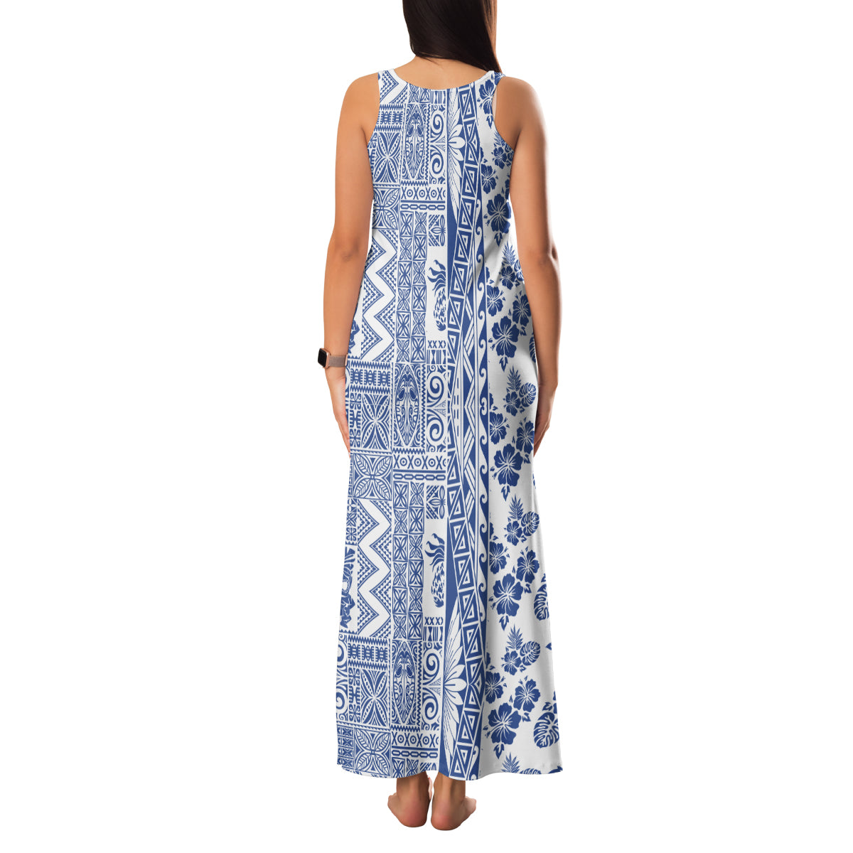 Hawaii Family Matching Tank Maxi Dress and Hawaiian Shirt Aloha Tropical Plants Tribal Pattern Blue Version LT03 - Polynesian Pride