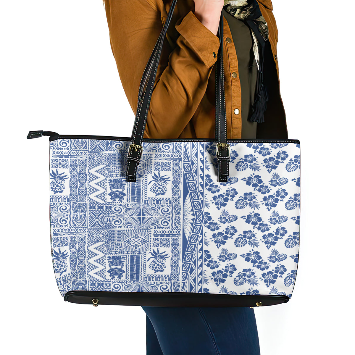 Hawaii Leather Tote Bag Aloha Tropical Plants Tribal Pattern Blue Version LT03 - Polynesian Pride