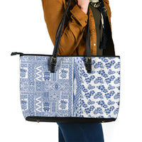 Hawaii Leather Tote Bag Aloha Tropical Plants Tribal Pattern Blue Version LT03 - Polynesian Pride