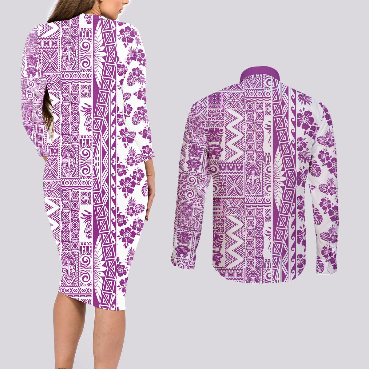 Hawaii Couples Matching Long Sleeve Bodycon Dress and Long Sleeve Button Shirt Aloha Tropical Plants Tribal Pattern Pink Version LT03 - Polynesian Pride