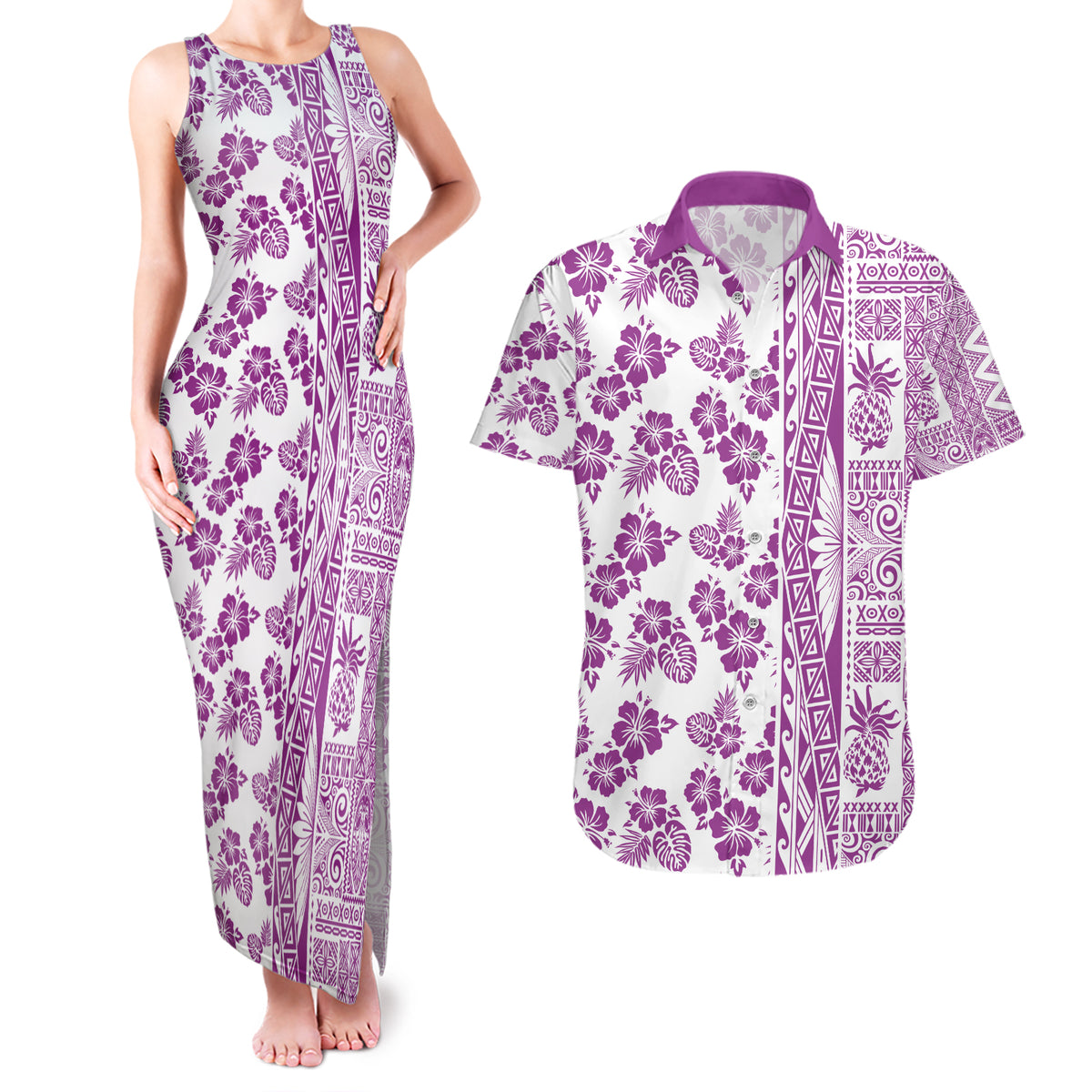 Hawaii Couples Matching Tank Maxi Dress and Hawaiian Shirt Aloha Tropical Plants Tribal Pattern Pink Version LT03 Pink - Polynesian Pride