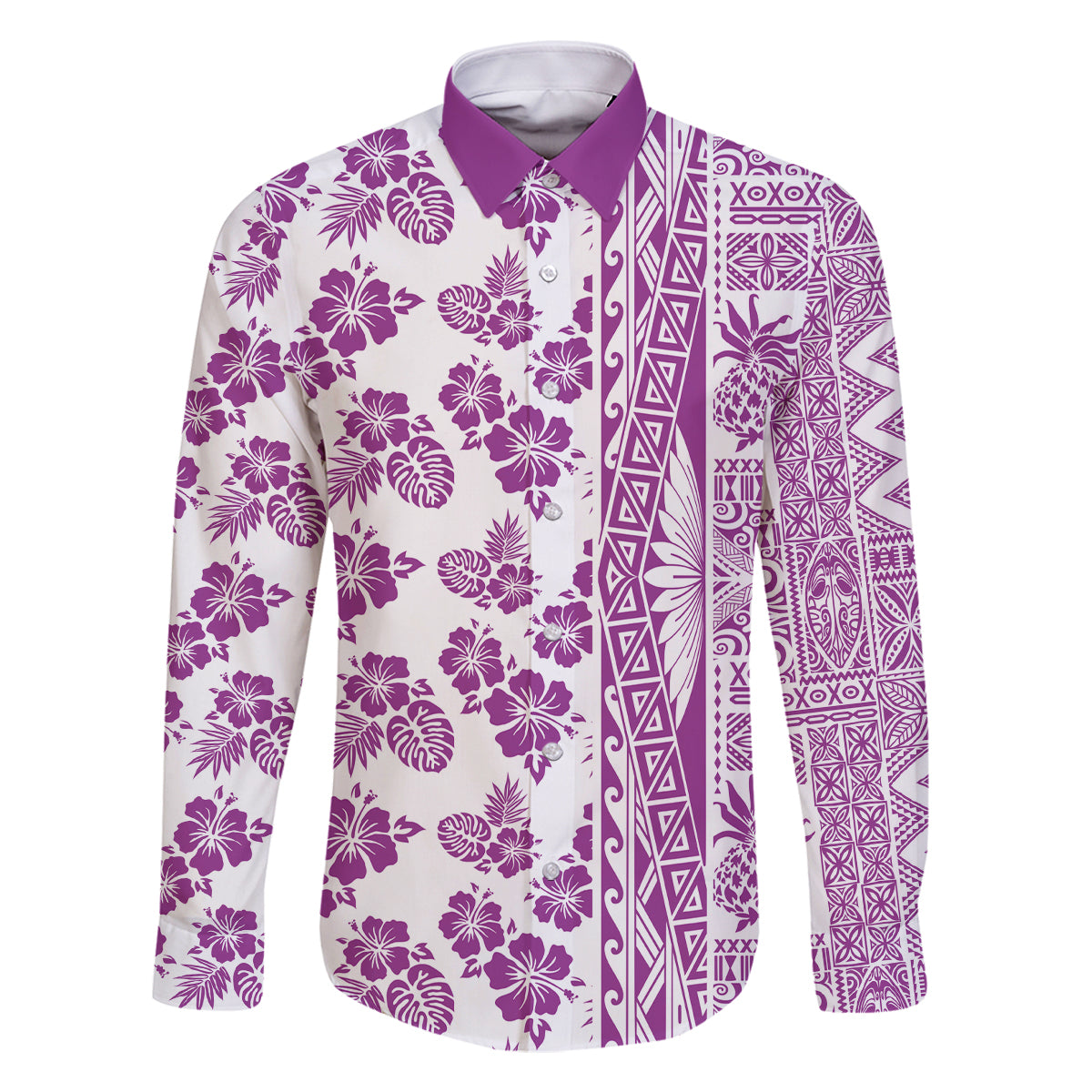 Hawaii Family Matching Mermaid Dress and Hawaiian Shirt Aloha Tropical Plants Tribal Pattern Pink Version LT03 Dad's Shirt - Long Sleeve Pink - Polynesian Pride