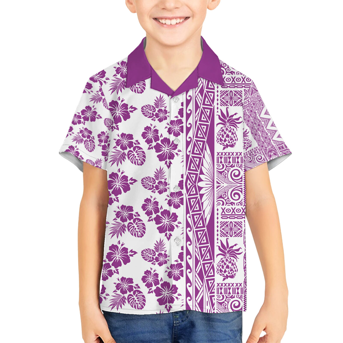Hawaii Family Matching Off Shoulder Long Sleeve Dress and Hawaiian Shirt Aloha Tropical Plants Tribal Pattern Pink Version LT03 Son's Shirt Pink - Polynesian Pride