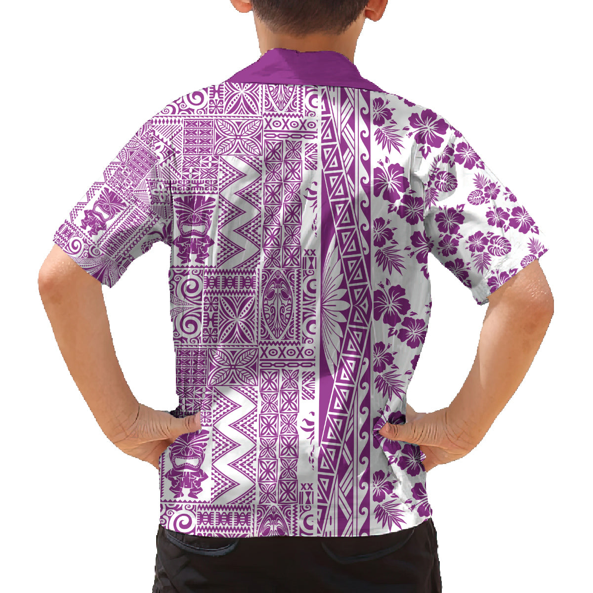 Hawaii Family Matching Off Shoulder Maxi Dress and Hawaiian Shirt Aloha Tropical Plants Tribal Pattern Pink Version LT03 - Polynesian Pride