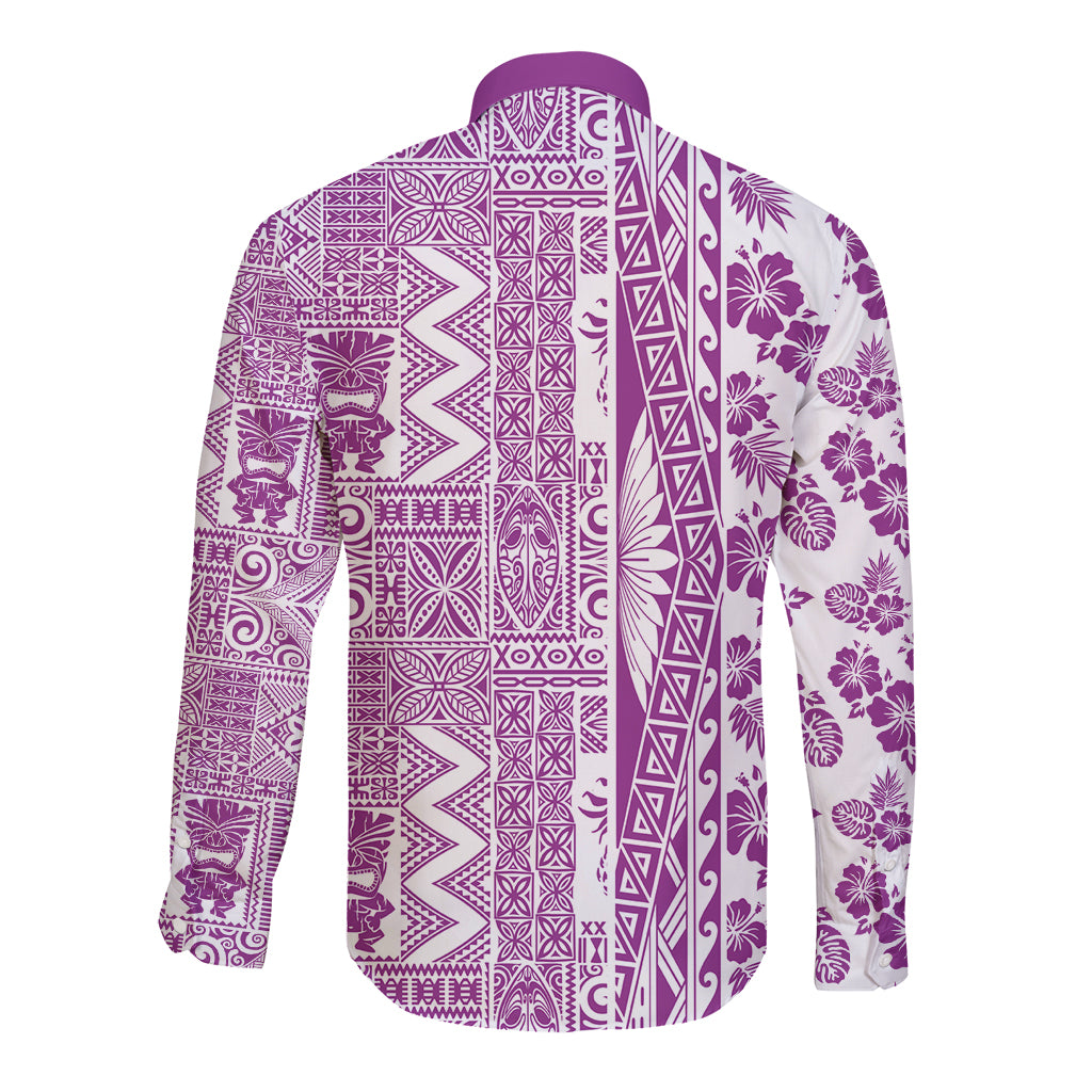 Hawaii Long Sleeve Button Shirt Aloha Tropical Plants Tribal Pattern Pink Version LT03 - Polynesian Pride