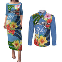 Kosrae Constitution Day Couples Matching Puletasi and Long Sleeve Button Shirt Hibiscus Mix Maori Tattoo Pattern LT03 Blue - Polynesian Pride