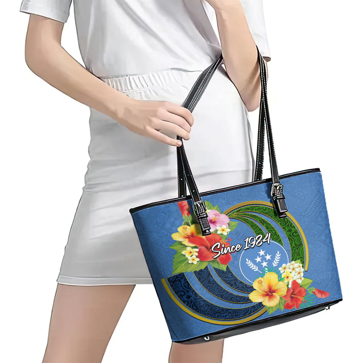 Kosrae Constitution Day Leather Tote Bag Hibiscus Mix Maori Tattoo Pattern LT03 - Polynesian Pride