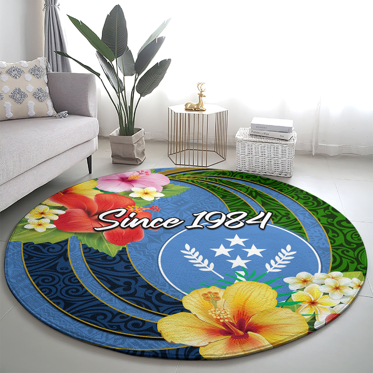 Kosrae Constitution Day Round Carpet Hibiscus Mix Maori Tattoo Pattern LT03 - Polynesian Pride