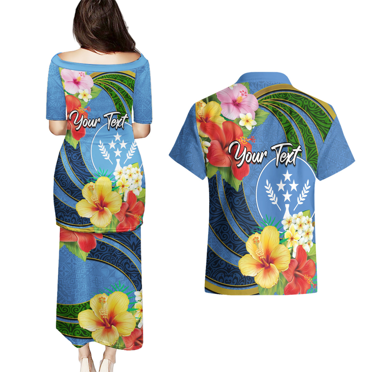 Kosrae Couples Matching Puletasi and Hawaiian Shirt Hibiscus Mix Maori Tattoo Pattern LT03 - Polynesian Pride
