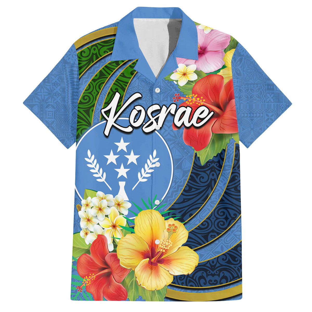 Kosrae Family Matching Puletasi and Hawaiian Shirt Hibiscus Mix Maori Tattoo Pattern LT03 Dad's Shirt - Short Sleeve Blue - Polynesian Pride