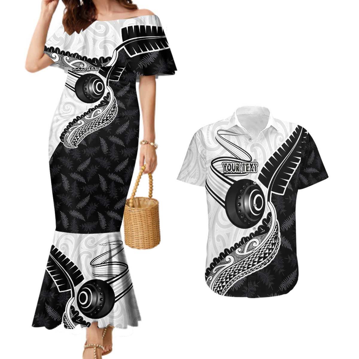 Personalised Aotearoa Lawn Bowls Couples Matching Mermaid Dress and Hawaiian Shirt Maori and Silver Fern Half Style LT03 White - Polynesian Pride