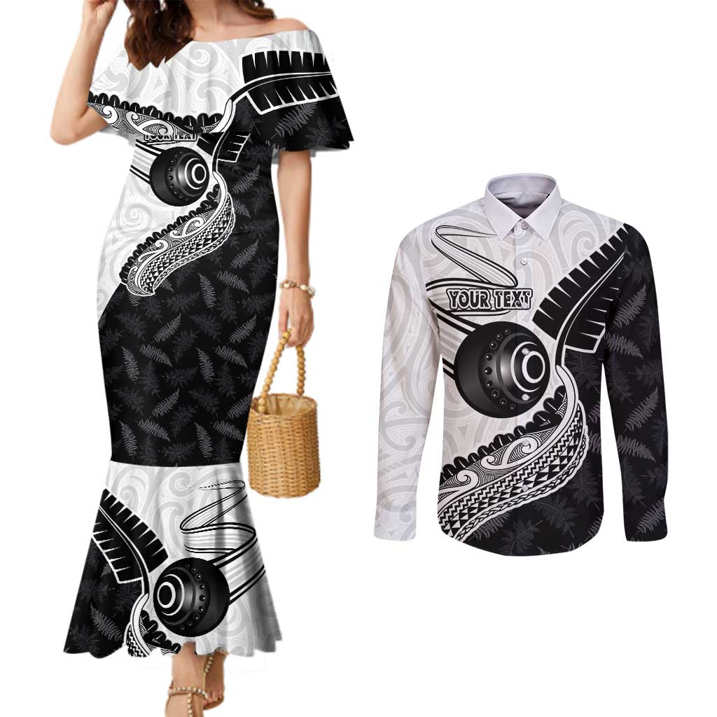 Personalised Aotearoa Lawn Bowls Couples Matching Mermaid Dress and Long Sleeve Button Shirt Maori and Silver Fern Half Style LT03 White - Polynesian Pride