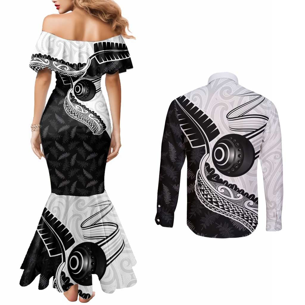 Personalised Aotearoa Lawn Bowls Couples Matching Mermaid Dress and Long Sleeve Button Shirt Maori and Silver Fern Half Style LT03 - Polynesian Pride
