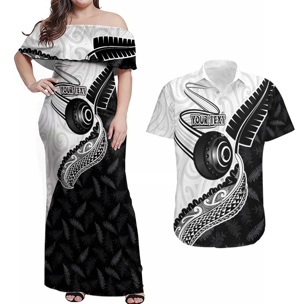 Personalised Aotearoa Lawn Bowls Couples Matching Off Shoulder Maxi Dress and Hawaiian Shirt Maori and Silver Fern Half Style LT03 White - Polynesian Pride