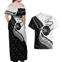 Personalised Aotearoa Lawn Bowls Couples Matching Off Shoulder Maxi Dress and Hawaiian Shirt Maori and Silver Fern Half Style LT03 - Polynesian Pride