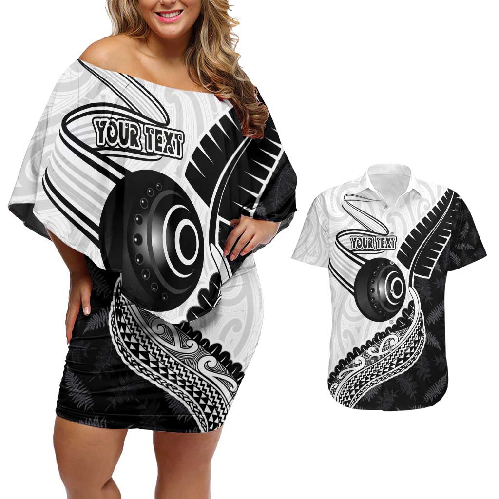 Personalised Aotearoa Lawn Bowls Couples Matching Off Shoulder Short Dress and Hawaiian Shirt Maori and Silver Fern Half Style LT03 White - Polynesian Pride