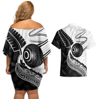 Personalised Aotearoa Lawn Bowls Couples Matching Off Shoulder Short Dress and Hawaiian Shirt Maori and Silver Fern Half Style LT03 - Polynesian Pride