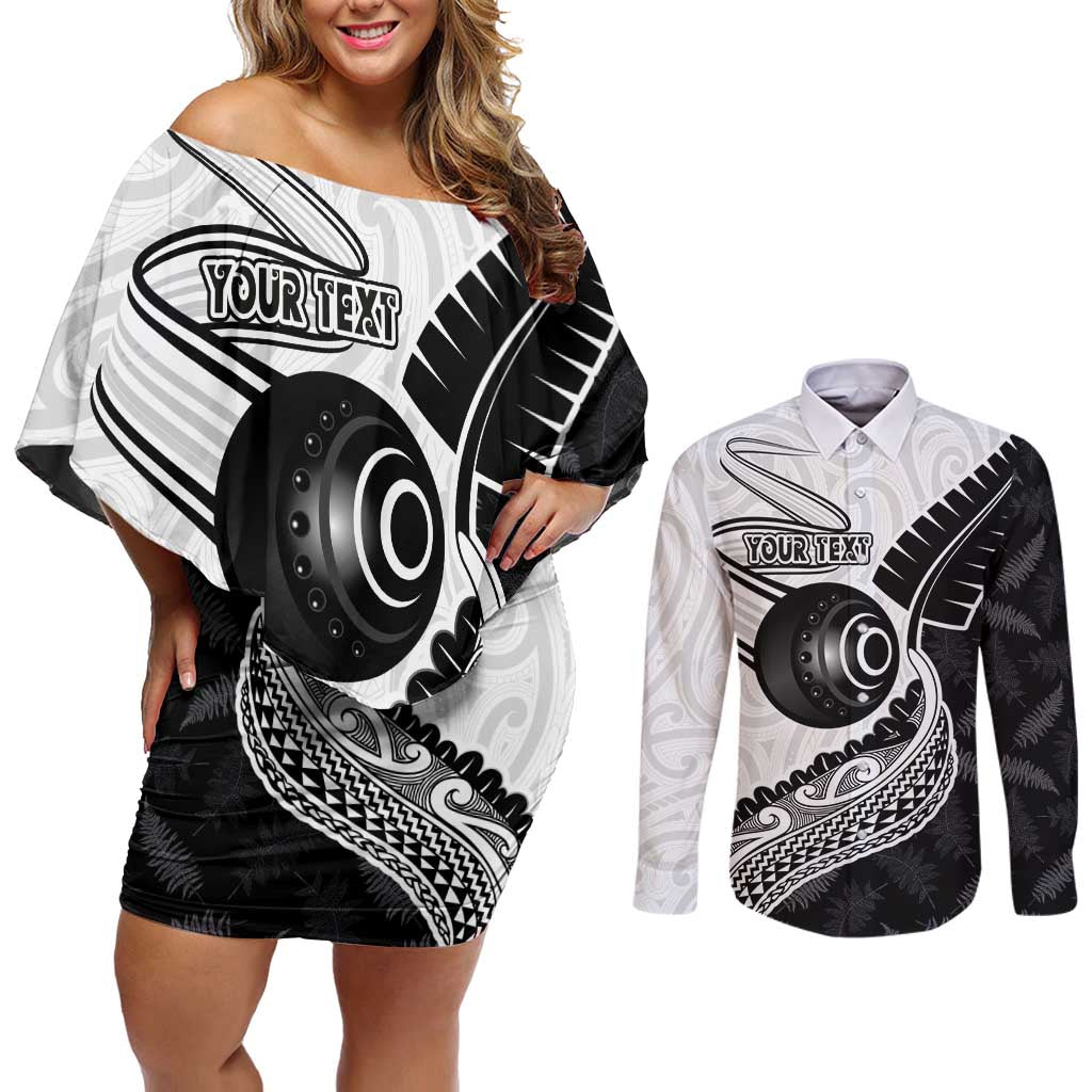 Personalised Aotearoa Lawn Bowls Couples Matching Off Shoulder Short Dress and Long Sleeve Button Shirt Maori and Silver Fern Half Style LT03 White - Polynesian Pride