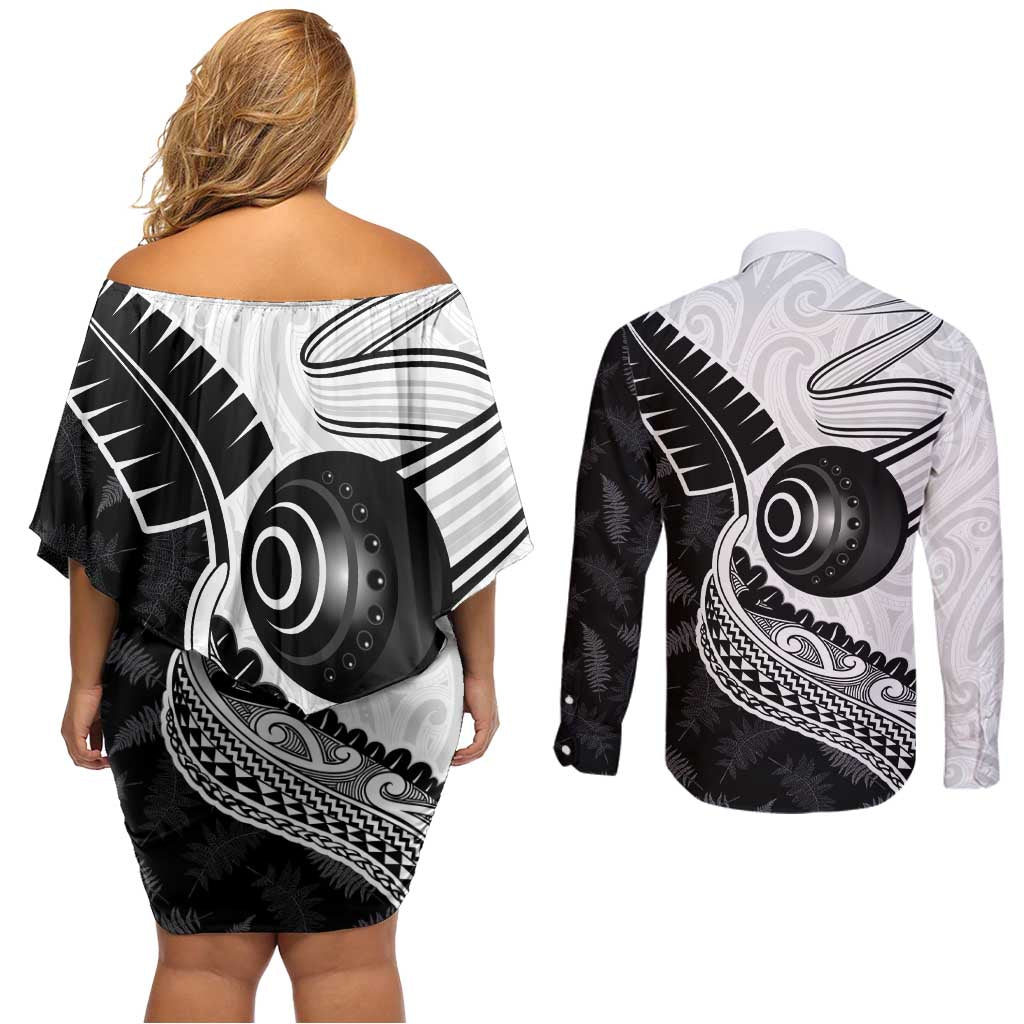 Personalised Aotearoa Lawn Bowls Couples Matching Off Shoulder Short Dress and Long Sleeve Button Shirt Maori and Silver Fern Half Style LT03 - Polynesian Pride