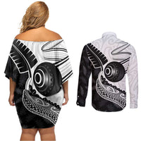 Personalised Aotearoa Lawn Bowls Couples Matching Off Shoulder Short Dress and Long Sleeve Button Shirt Maori and Silver Fern Half Style LT03 - Polynesian Pride