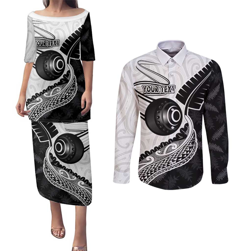 Personalised Aotearoa Lawn Bowls Couples Matching Puletasi and Long Sleeve Button Shirt Maori and Silver Fern Half Style LT03 White - Polynesian Pride