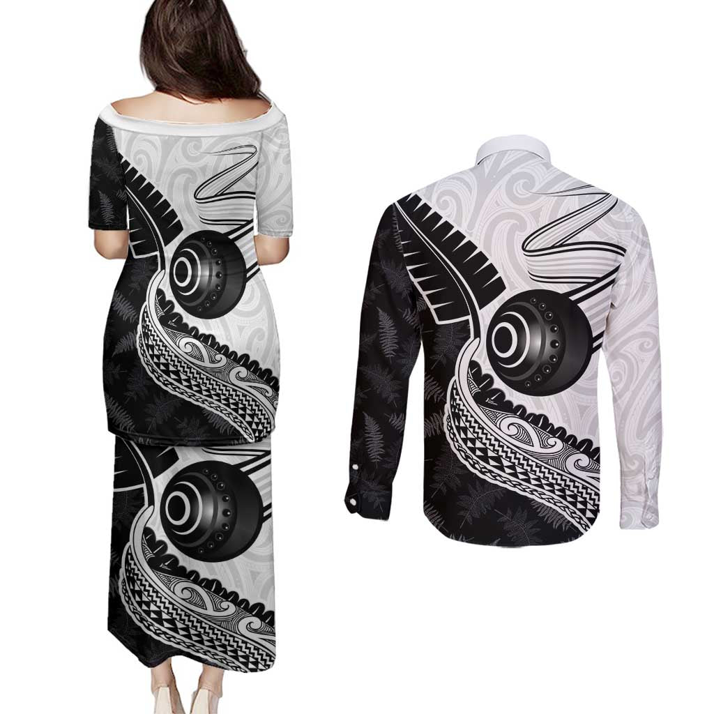 Personalised Aotearoa Lawn Bowls Couples Matching Puletasi and Long Sleeve Button Shirt Maori and Silver Fern Half Style LT03 - Polynesian Pride
