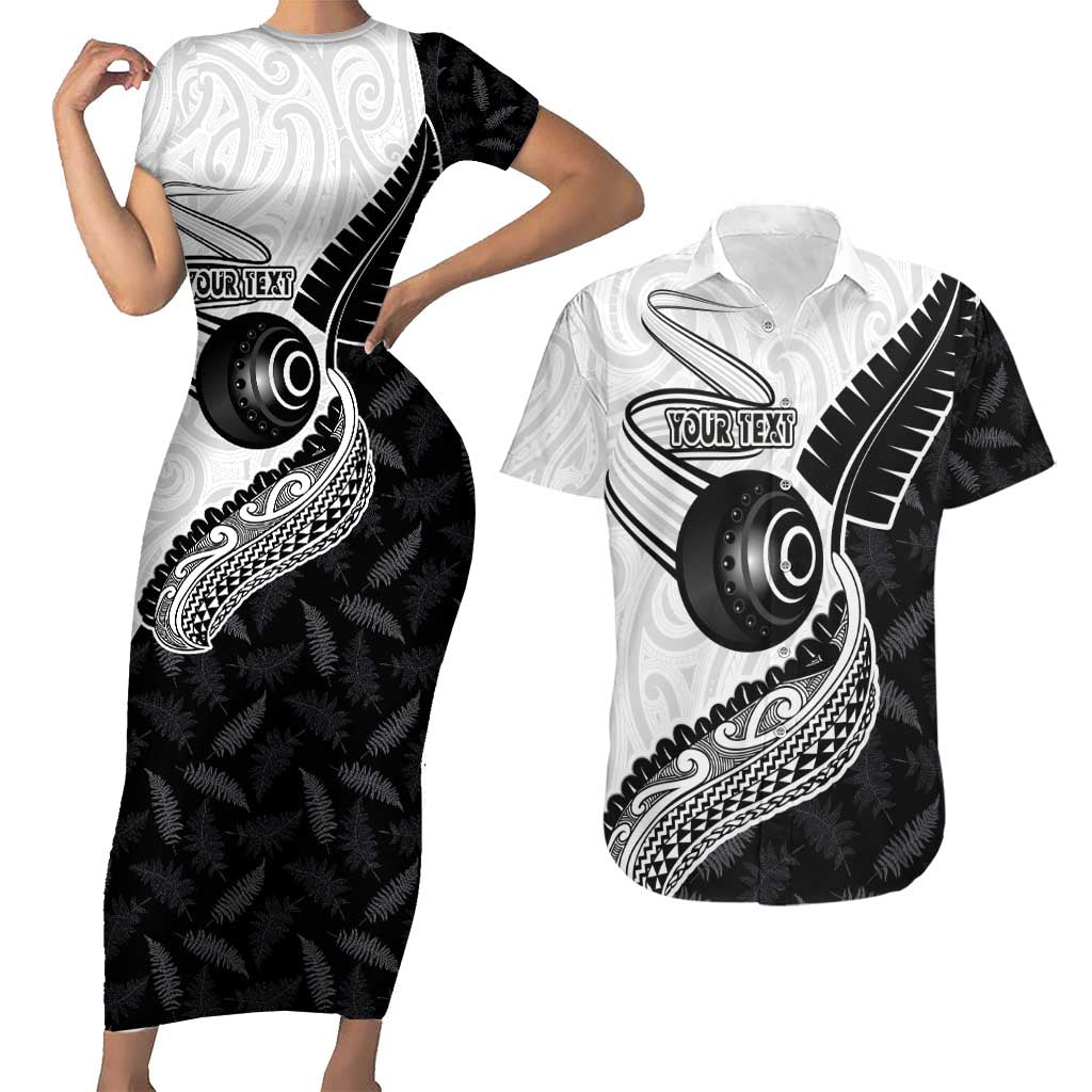 Personalised Aotearoa Lawn Bowls Couples Matching Short Sleeve Bodycon Dress and Hawaiian Shirt Maori and Silver Fern Half Style LT03 White - Polynesian Pride