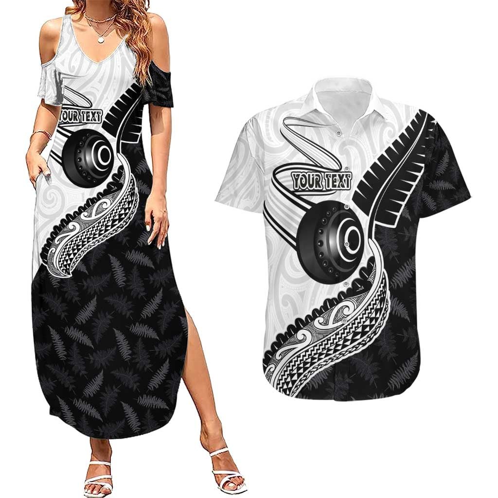 Personalised Aotearoa Lawn Bowls Couples Matching Summer Maxi Dress and Hawaiian Shirt Maori and Silver Fern Half Style LT03 White - Polynesian Pride