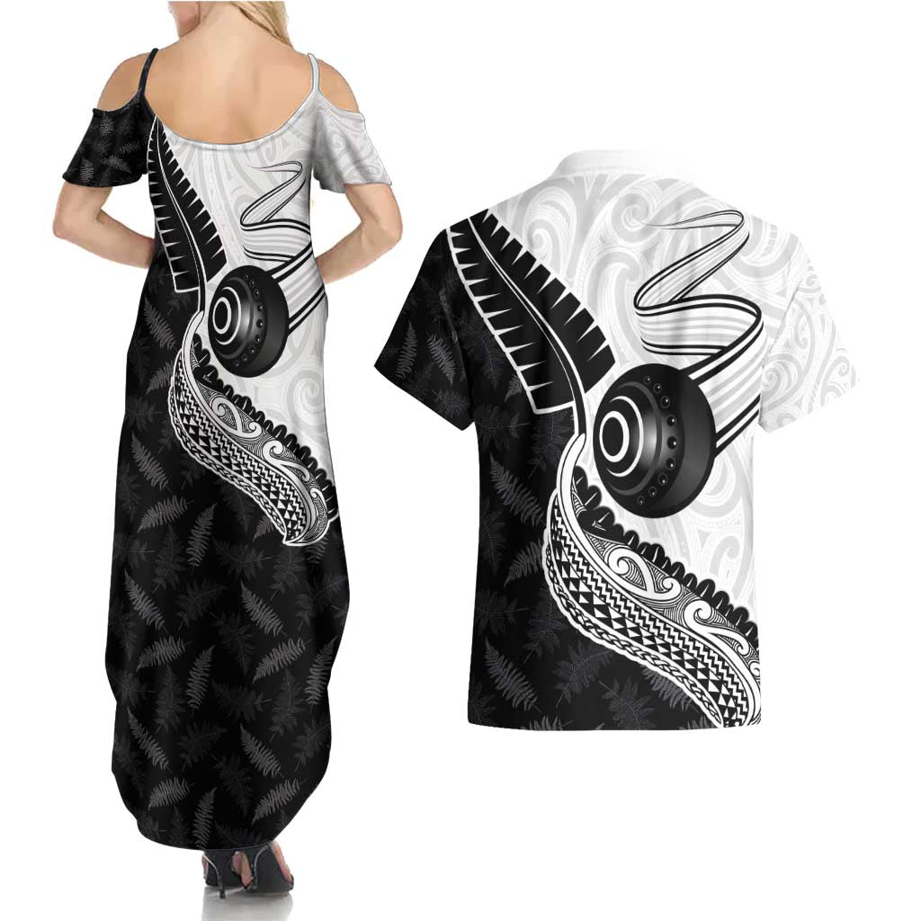 Personalised Aotearoa Lawn Bowls Couples Matching Summer Maxi Dress and Hawaiian Shirt Maori and Silver Fern Half Style LT03 - Polynesian Pride