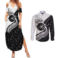 Personalised Aotearoa Lawn Bowls Couples Matching Summer Maxi Dress and Long Sleeve Button Shirt Maori and Silver Fern Half Style LT03 White - Polynesian Pride