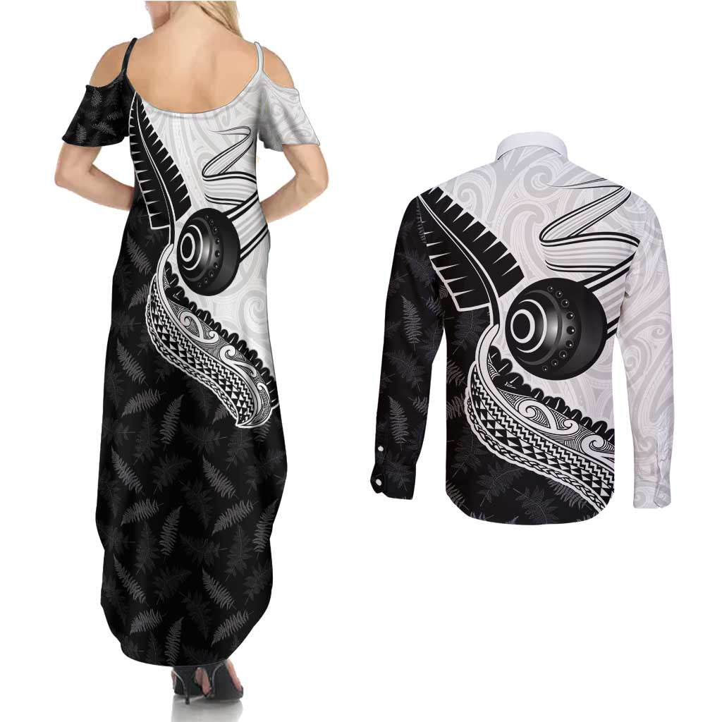 Personalised Aotearoa Lawn Bowls Couples Matching Summer Maxi Dress and Long Sleeve Button Shirt Maori and Silver Fern Half Style LT03 - Polynesian Pride