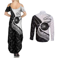 Personalised Aotearoa Lawn Bowls Couples Matching Summer Maxi Dress and Long Sleeve Button Shirt Maori and Silver Fern Half Style LT03 - Polynesian Pride