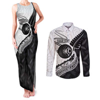 Personalised Aotearoa Lawn Bowls Couples Matching Tank Maxi Dress and Long Sleeve Button Shirt Maori and Silver Fern Half Style LT03 White - Polynesian Pride