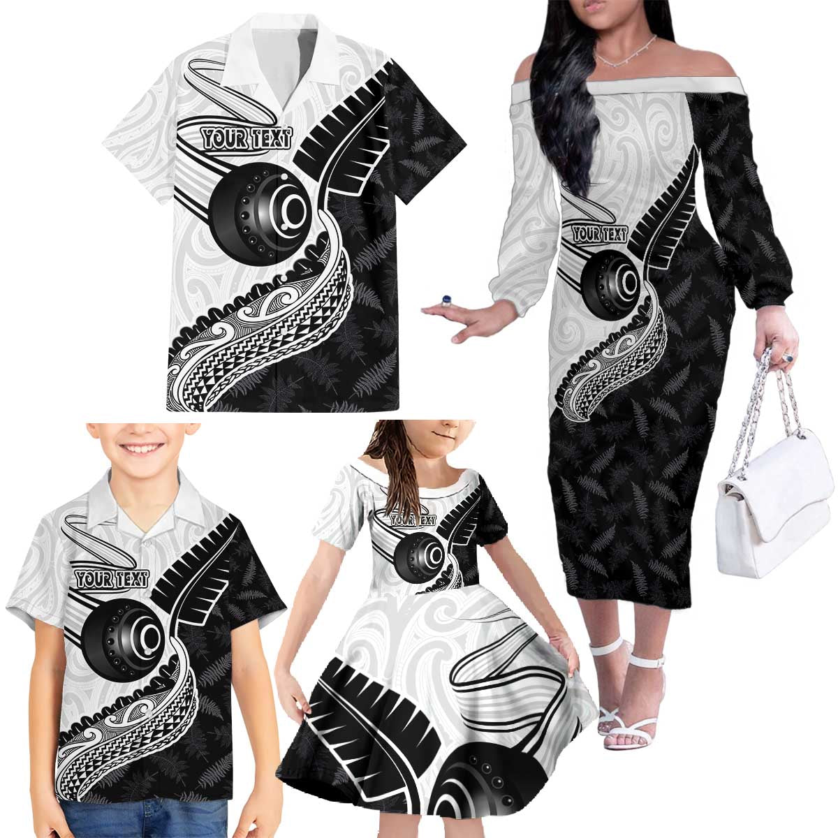 Personalised Aotearoa Lawn Bowls Family Matching Off The Shoulder Long Sleeve Dress and Hawaiian Shirt Maori and Silver Fern Half Style LT03 - Polynesian Pride