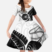 Personalised Aotearoa Lawn Bowls Family Matching Off Shoulder Maxi Dress and Hawaiian Shirt Maori and Silver Fern Half Style LT03 Daughter's Dress White - Polynesian Pride