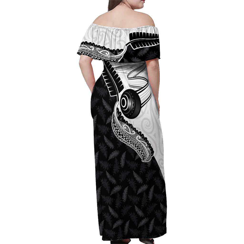 Personalised Aotearoa Lawn Bowls Family Matching Off Shoulder Maxi Dress and Hawaiian Shirt Maori and Silver Fern Half Style LT03 - Polynesian Pride