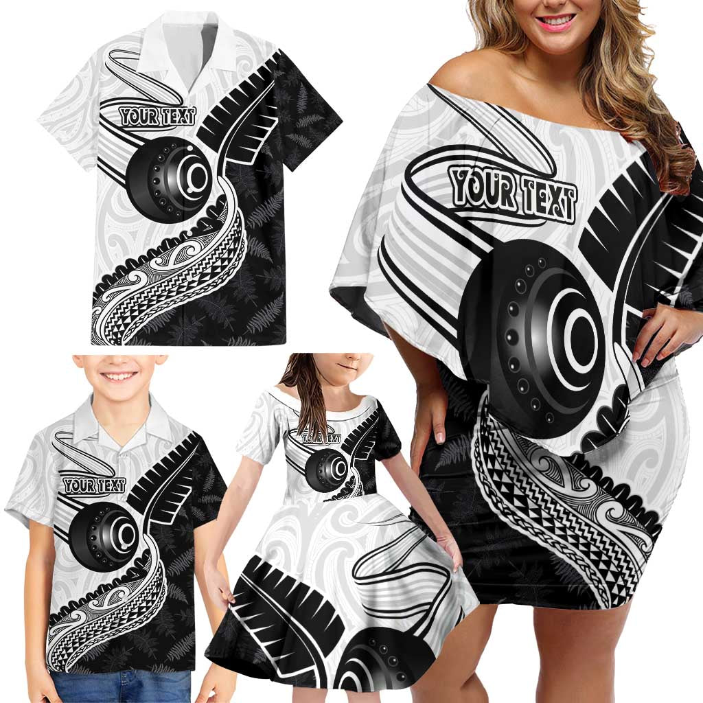 Personalised Aotearoa Lawn Bowls Family Matching Off Shoulder Short Dress and Hawaiian Shirt Maori and Silver Fern Half Style LT03 - Polynesian Pride