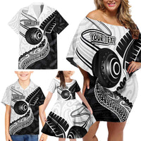 Personalised Aotearoa Lawn Bowls Family Matching Off Shoulder Short Dress and Hawaiian Shirt Maori and Silver Fern Half Style LT03 - Polynesian Pride